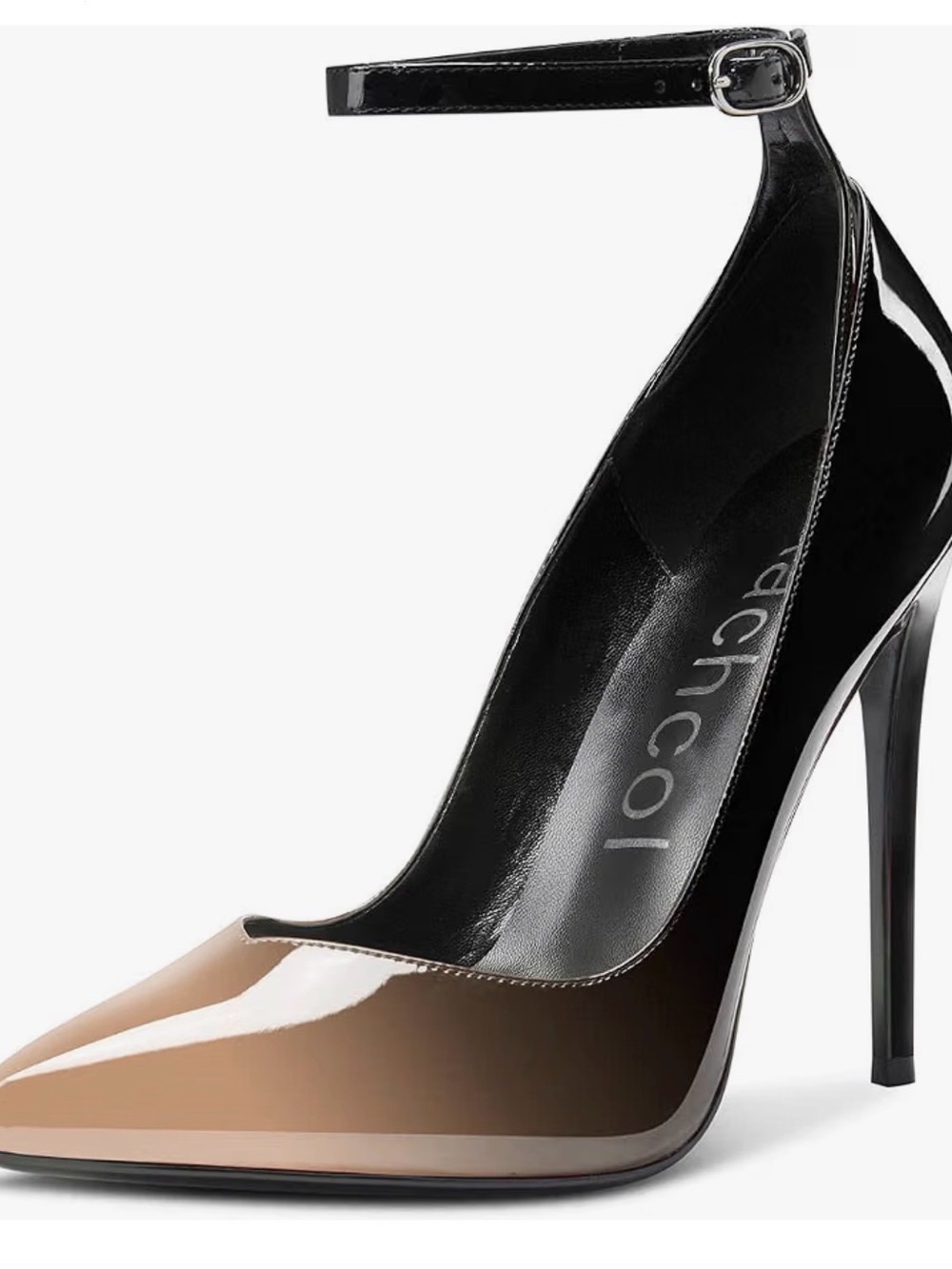 Women High Heel Two-Tone Patent Pointed Ankle-Strap Pump — Black & Beige 5”